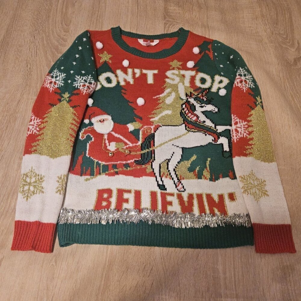 No Boundaries Ugly Christmas Sweater Juniors Small 3-5 Santa & Unicorn Holiday